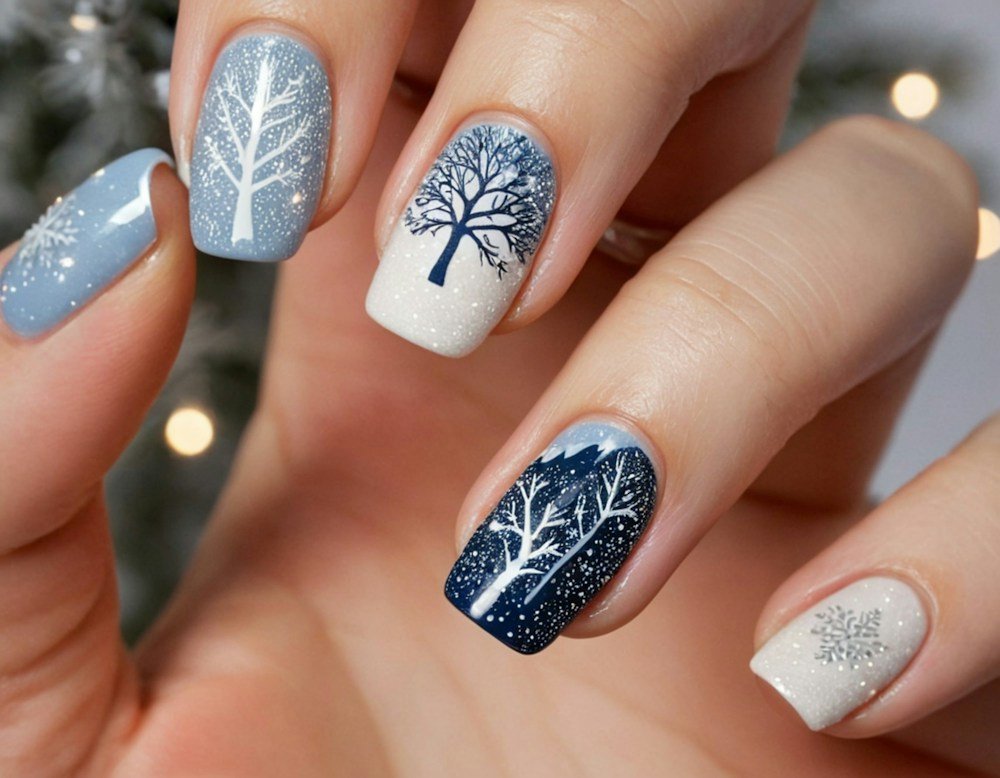 Winter tree nail art in navy and white